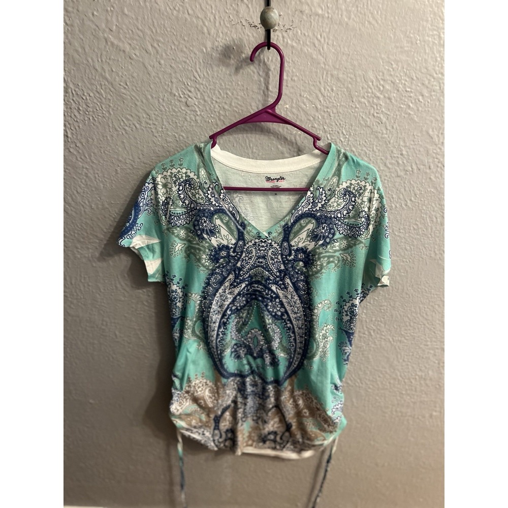 Wrangler‎ Women Blue Glitter Print  V Neck Shirt Size XL